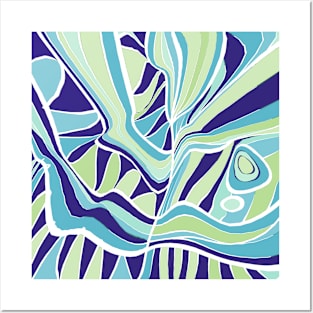 Mazipoodles Psychedelic Water Leaves Expressionism Blue Turquoise Green Posters and Art